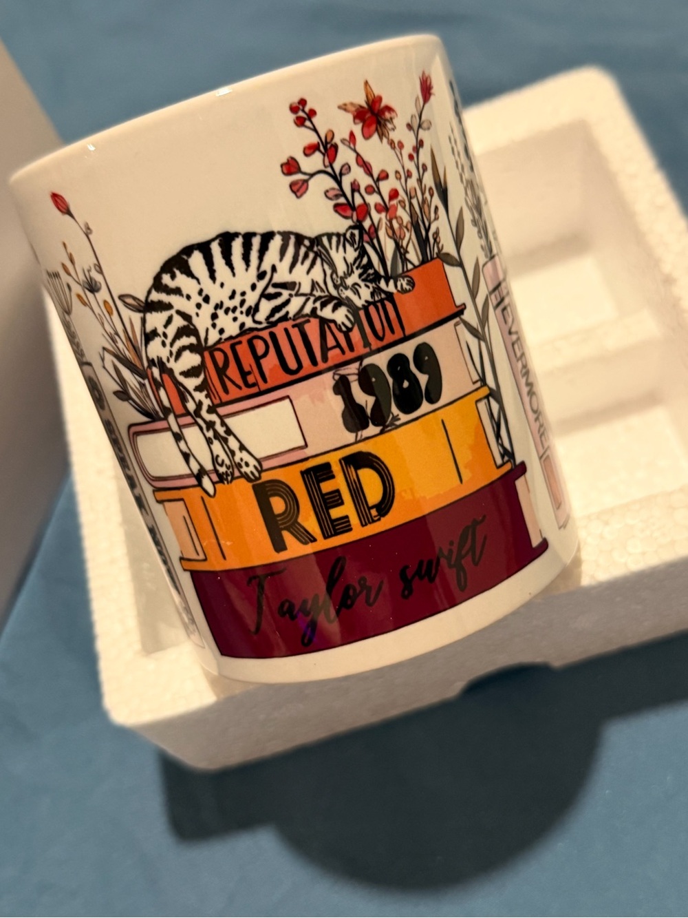 Taylor Swift White Ceramic Mug with Orange, Yellow & Maroon Stack Art